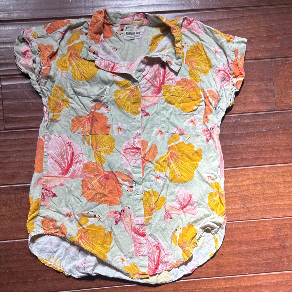 Vintage style Aloha shirt koi fish with hibiscus tail